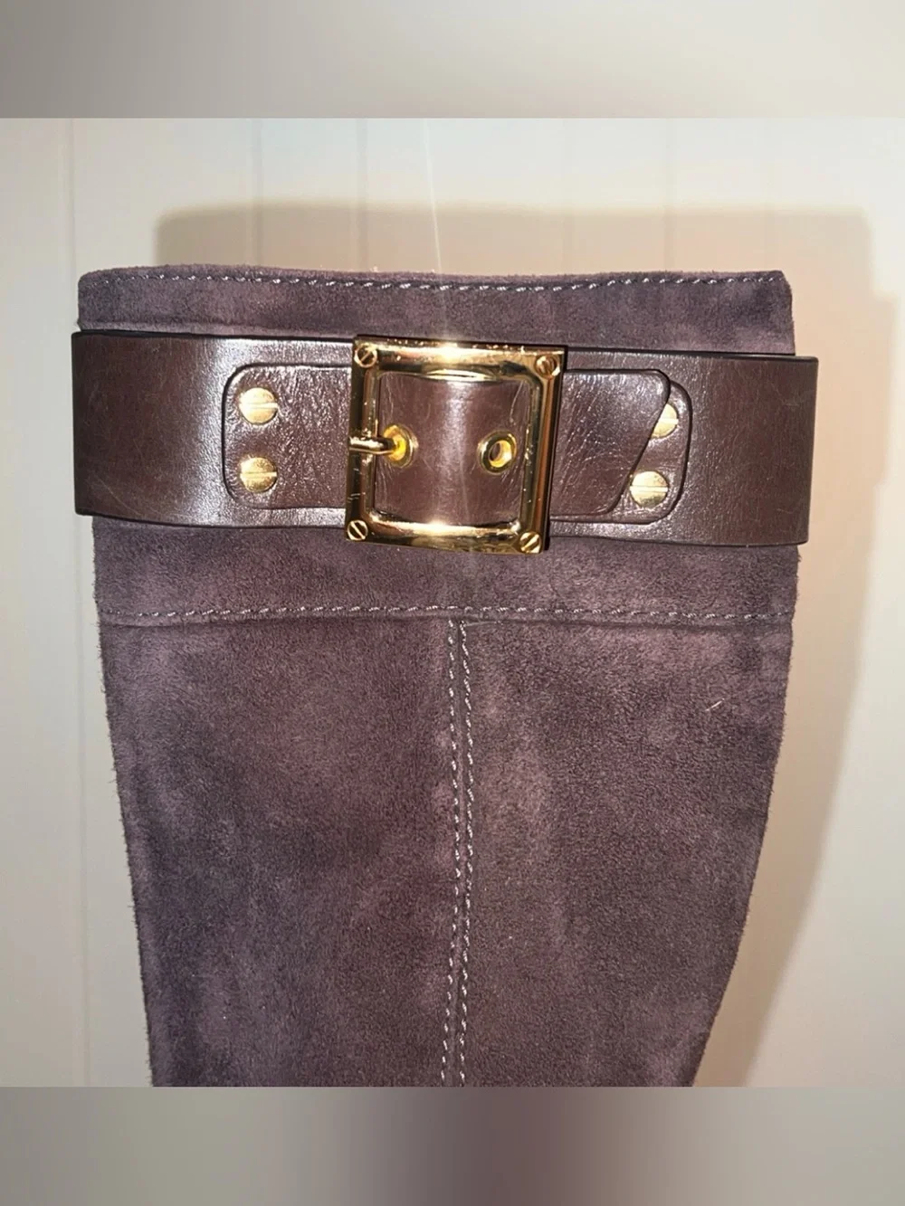 TORY BURCH Women's Knee-High Chocolate Brown Suede Boots with Gold Buckle
